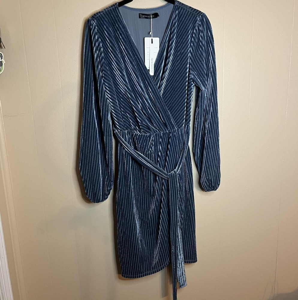 MEROKEETY Long Sleeve Faux Wrap Velvet Dress In Light Blue